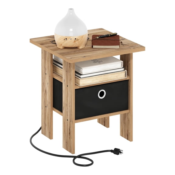 Furinno Andrey USB and Type-C Port Charging Station End Table with Storage Bin, Flagstaff Oak/Black