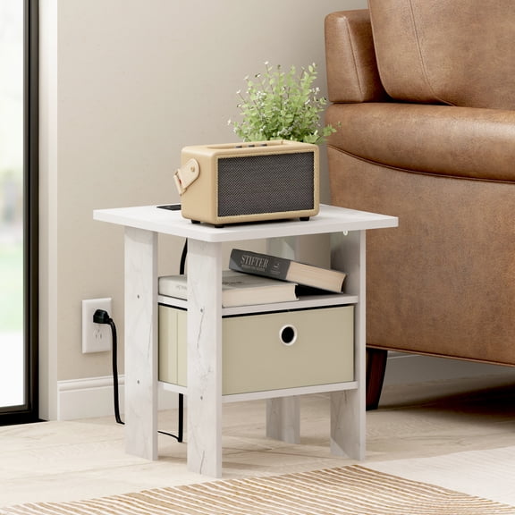 Furinno Andrey USB and Type-C Port Charging Station End Table with Storage Bin, Marble White/Ivory
