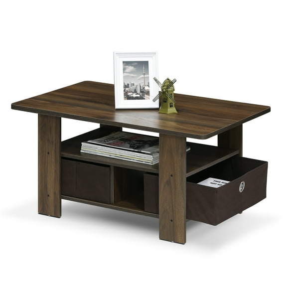 Furinno Andrey Wood Coffee Table with Bin Drawer in Columbia Walnut/Dark Brown