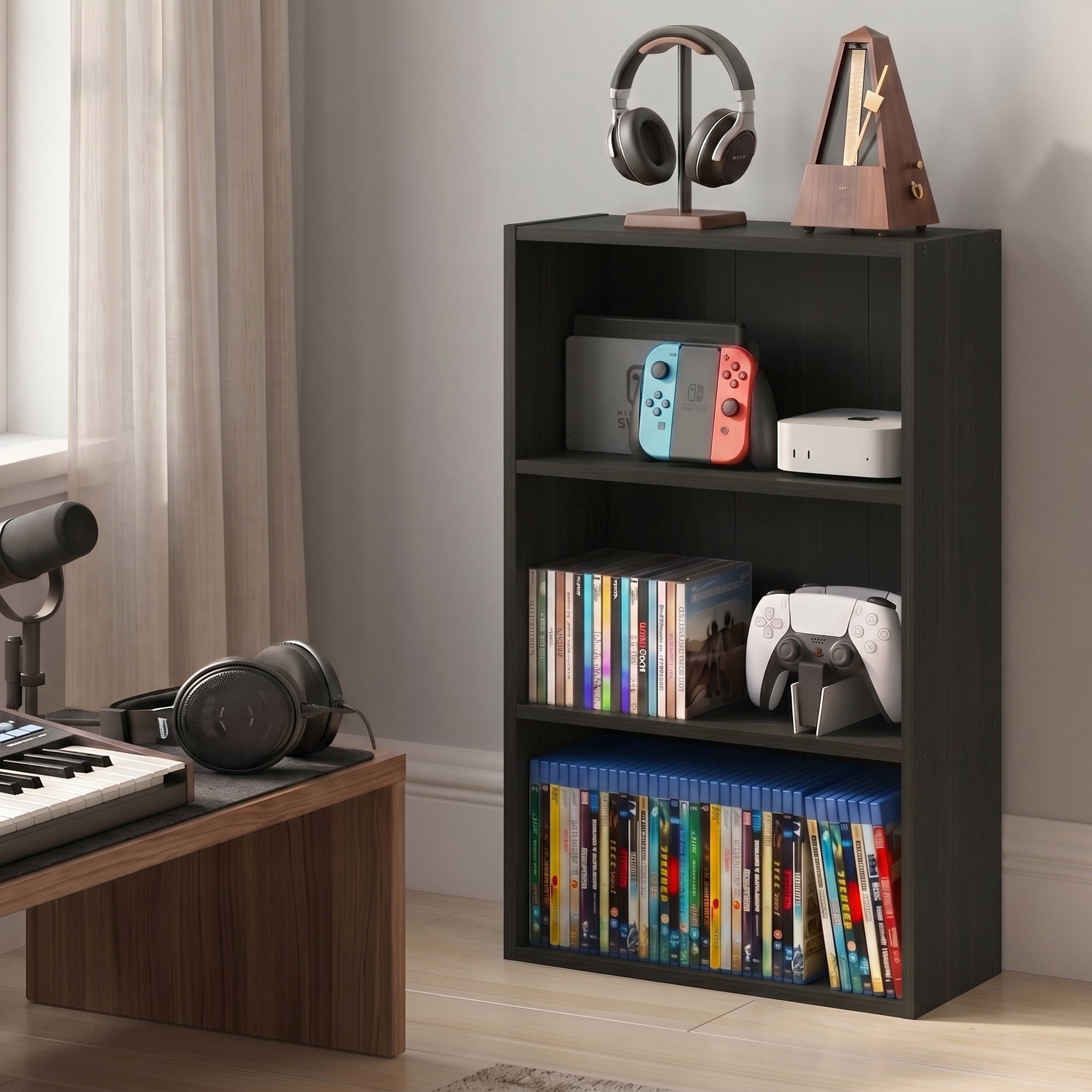 Furinno BASIC 3-Tier Media Storage Rack with Open Cube Shelves, 7 x 17 x 26 Inches, Espresso