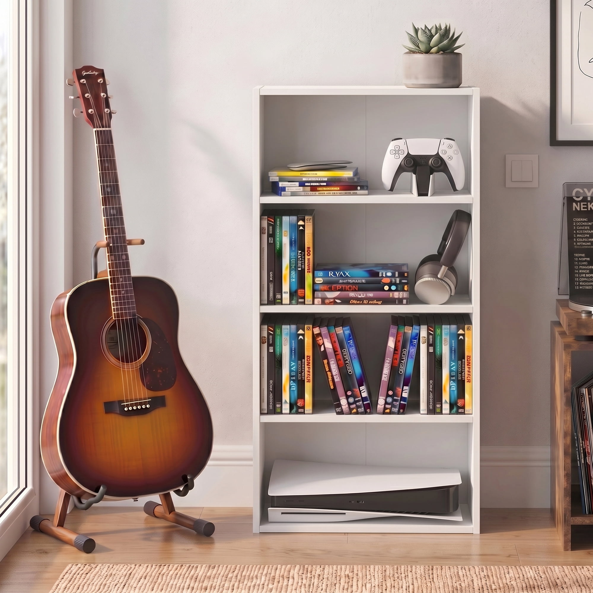 Furinno BASIC DVD Shelf, 4-Tier CD Rack with Open Shelf, Media Shelf, DVD Storage Cabinets for CD Blueray Game Disc, 7 x 17 x 35, for Living Room, Bedroom, Home Office, White