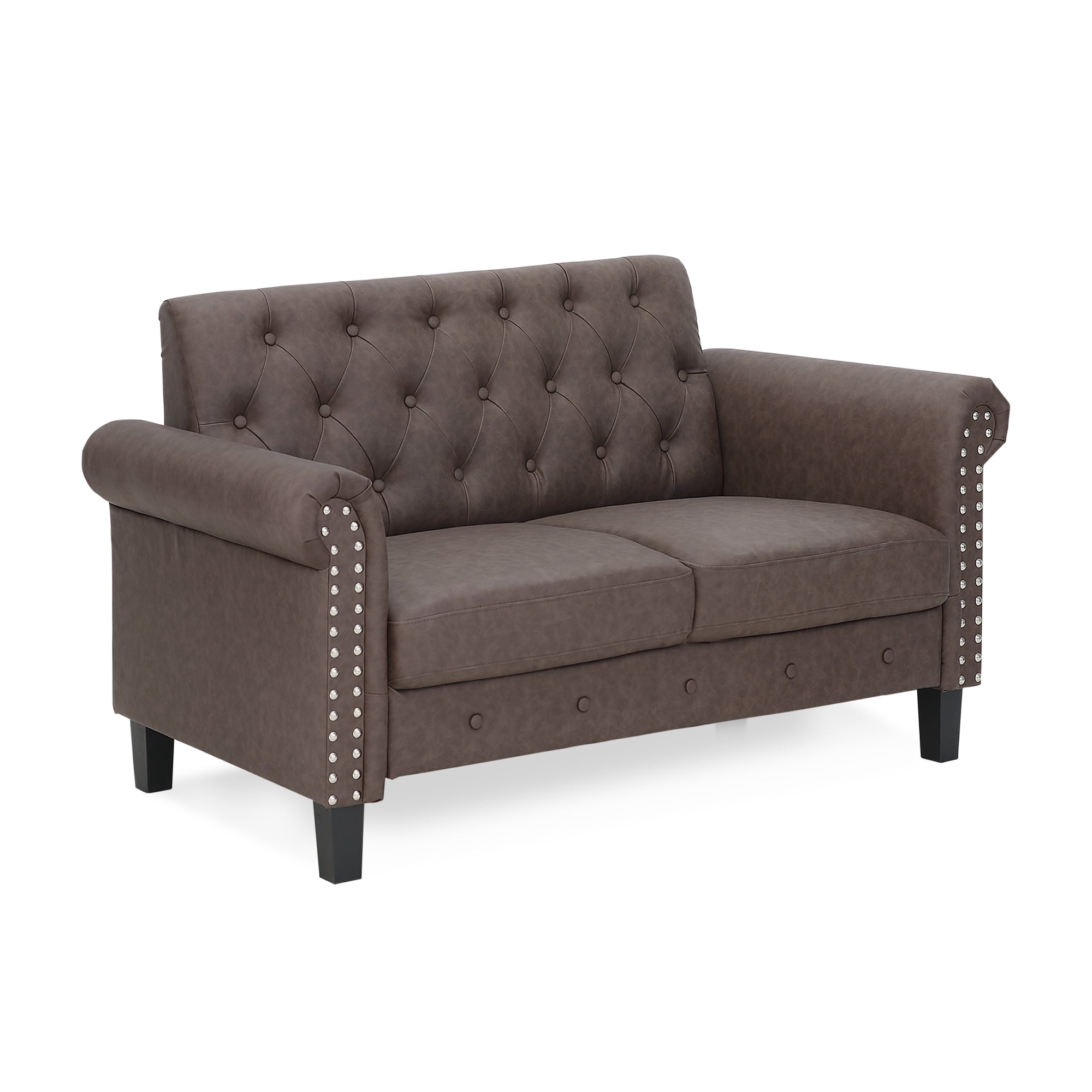 Furinno BASTIA Loveseat Sofa, 54 Wide Modern Couch with Tufted Leather Upholstery, Wood Frame, Easy Assembly, 2-Seater, for Living Room, Bedroom, Brown Faux Leather