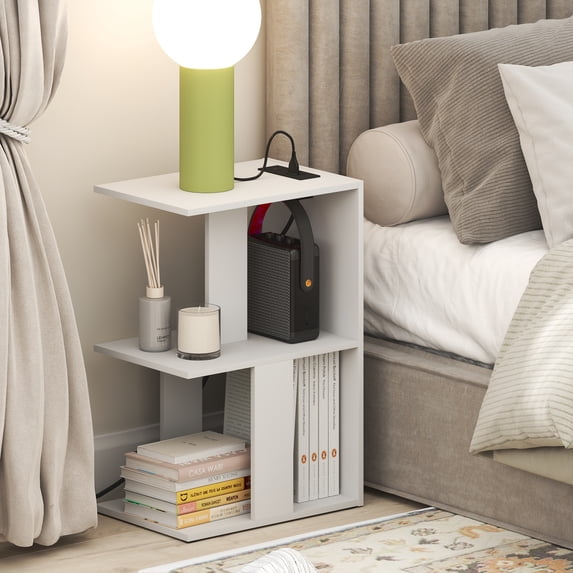 Furinno BOYATE 2-Tier End Table with USB & Type-C Charging Port. White
