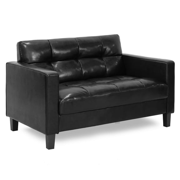 Furinno BRIVE Loveseat Sofa, 54 Wide Modern Couch with Tufted Leather Upholstery, Wood Frame, Easy Assembly, 2-Seater, for Living Room, Bedroom, Plain Black Leather