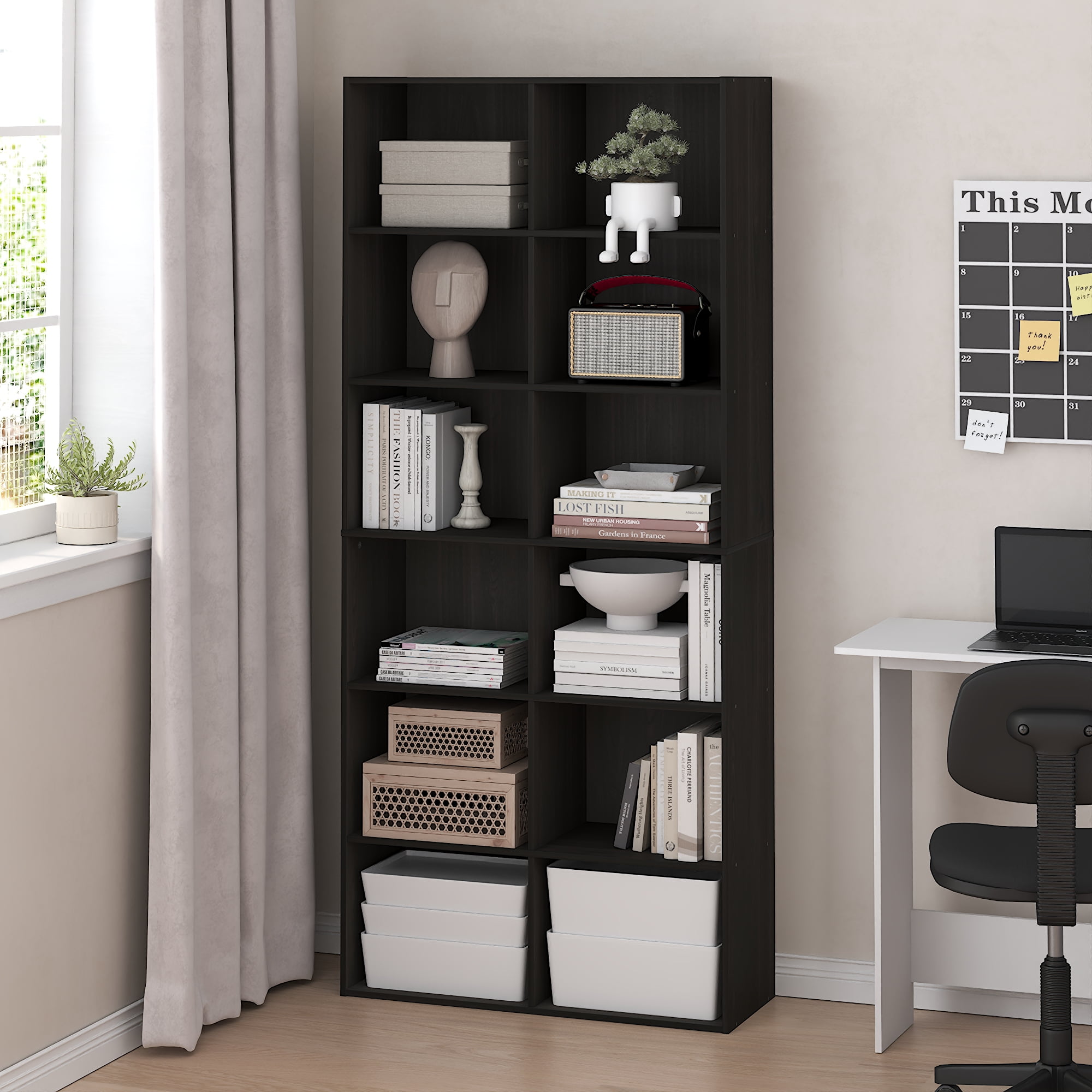 Furinno BASIC 12-Cube Open Bookcase Storage Organizer 12 x 32 x 71 in Amber Pine