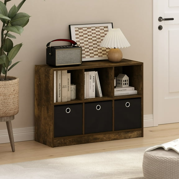 Furinno Basic 3x2 Bookcase Storage w/Bins, Amber Pine/Black