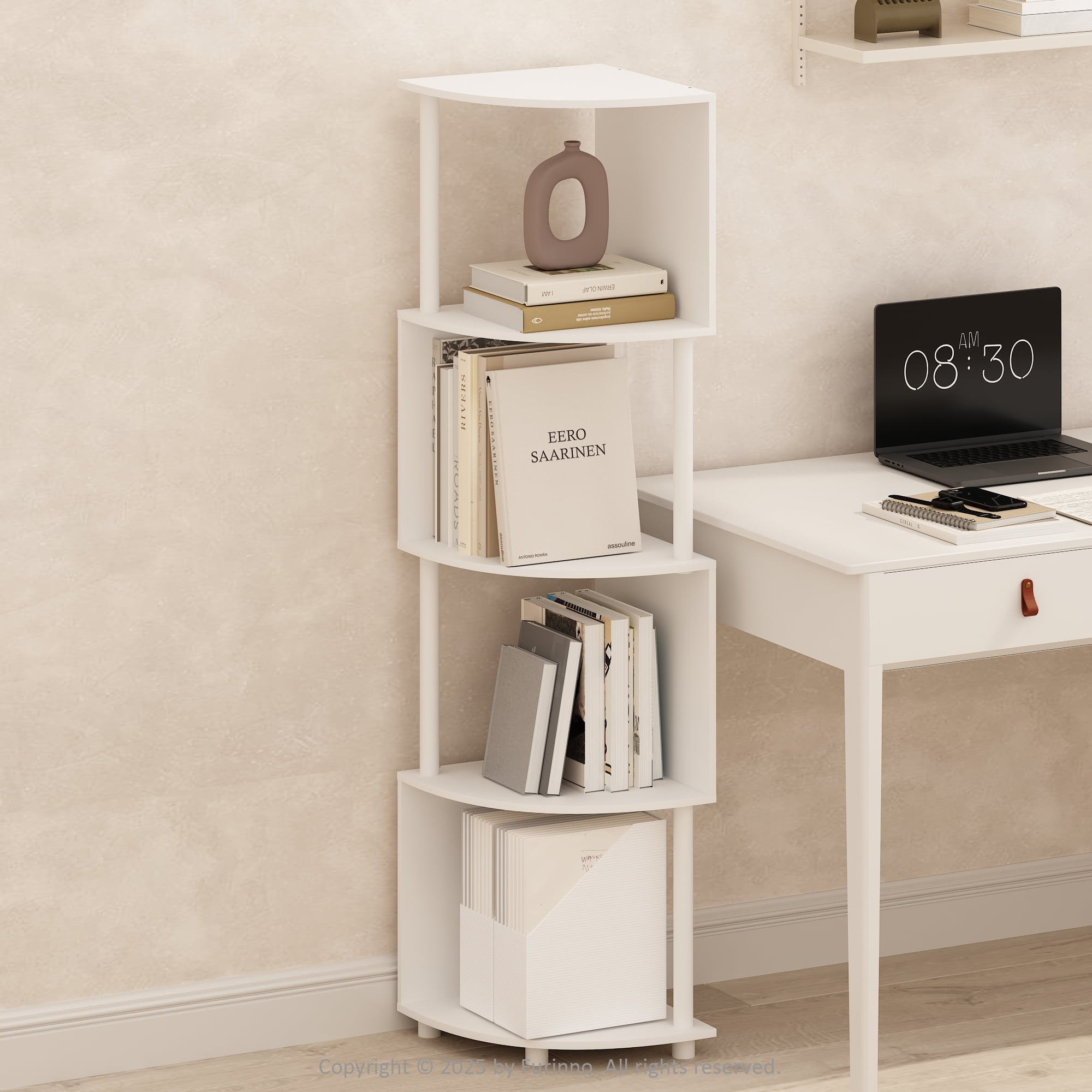 Furinno Basic 4-Tier Zigzag Corner Multipurpose Standing Shelf, White/White