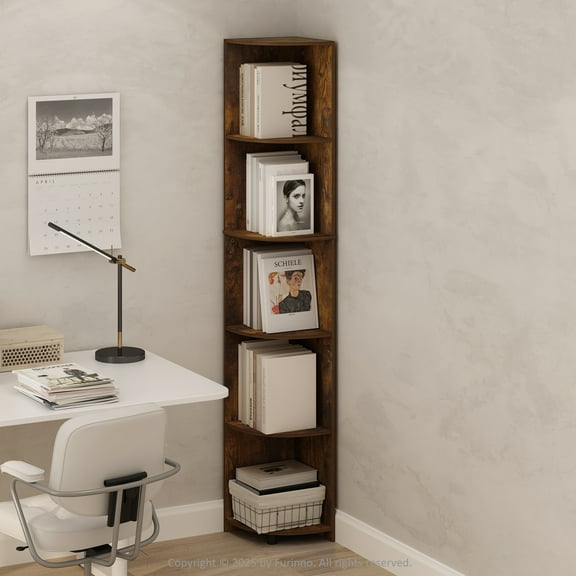Furinno Basic 5-Tier Corner Multipurpose Standing Shelf, Amber Pine