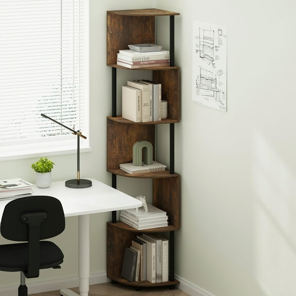 Furinno Basic 5-Tier Zigzag Corner Multipurpose Standing Shelf, Amber Pine/Black