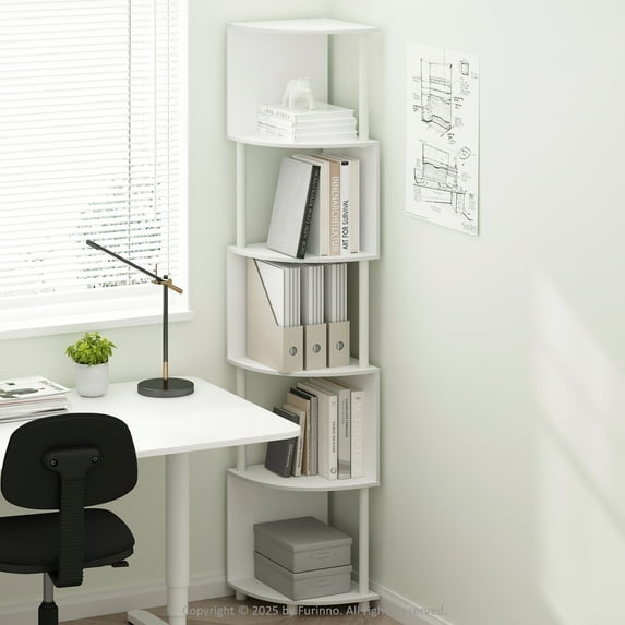 Furinno Basic 5-Tier Zigzag Corner Multipurpose Standing Shelf, White/White