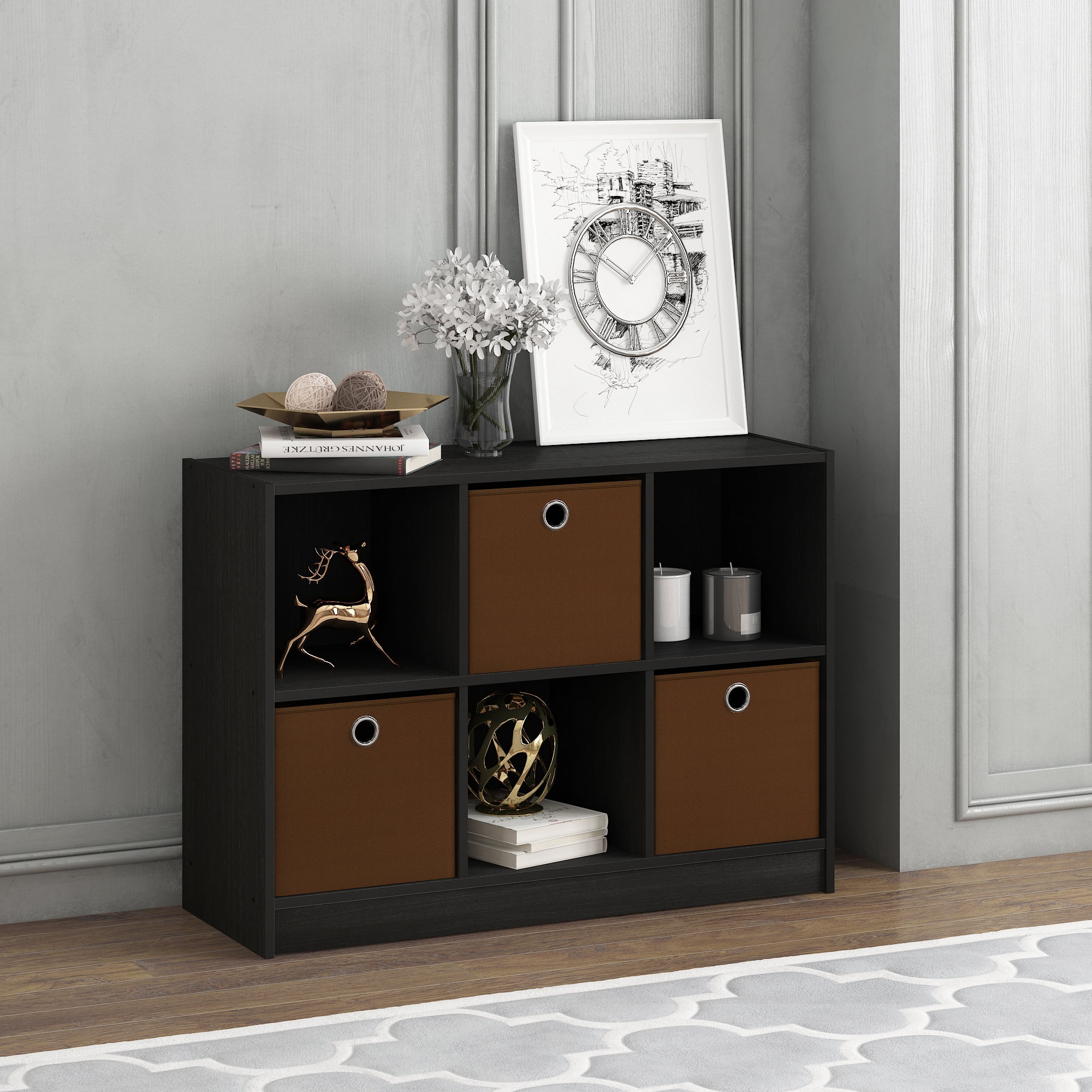 Furinno Basic 6 Cube Storage Organizer Bookcase Storage with Bins, Espresso/Brown