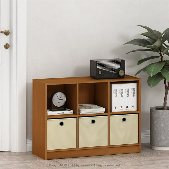 Furinno Basic 6 Cube Storage Organizer Bookcase Storage with Bins, Light Cherry/Ivory