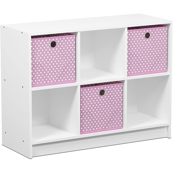 Furinno Basic 6 Cube Storage Organizer Bookcase with Bins, White/Pink