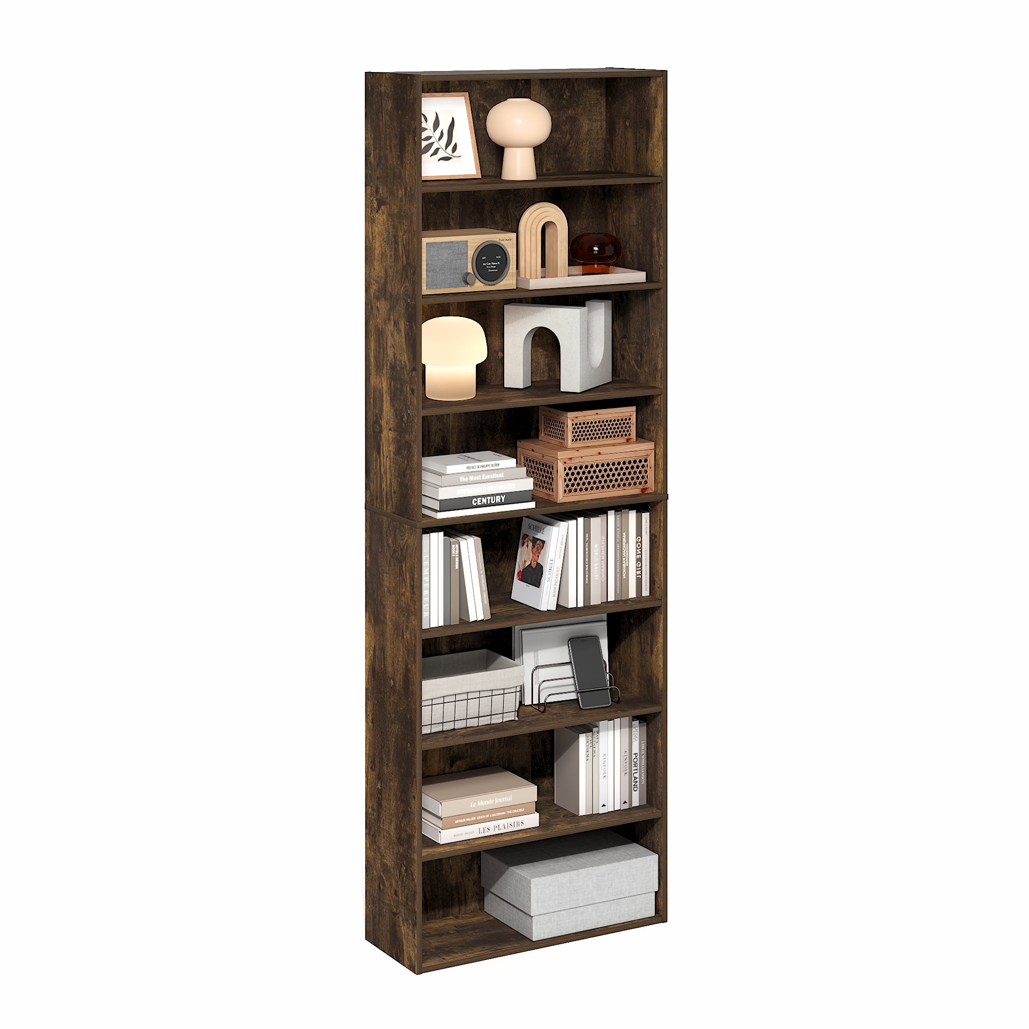 Furinno BASIC 8-Tier Open Shelf Bookcase 12 x 24 x 71inches in Amber Pine