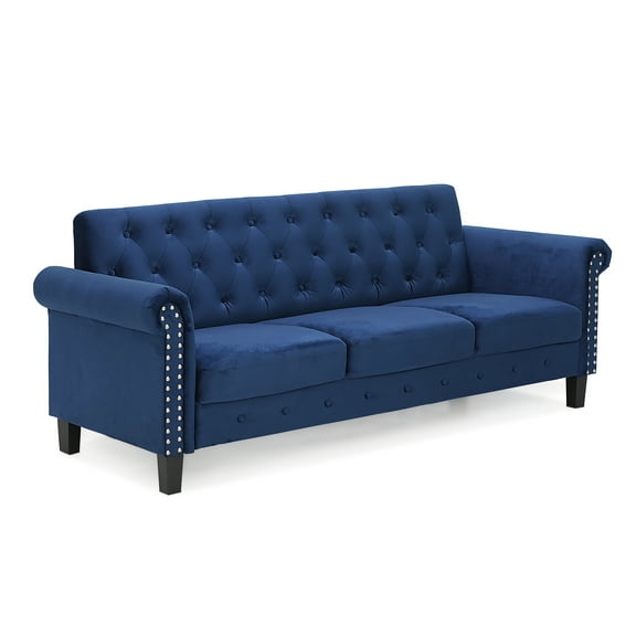 Furinno Bastia Vintage Button Tufted 3-Seater Sofa, Blue Velvet