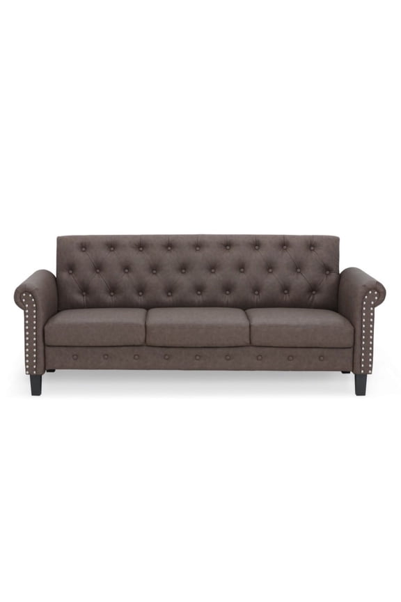 Bastia Vintage Button Tufted 3-Seater Sofa, Brown Faux Leather