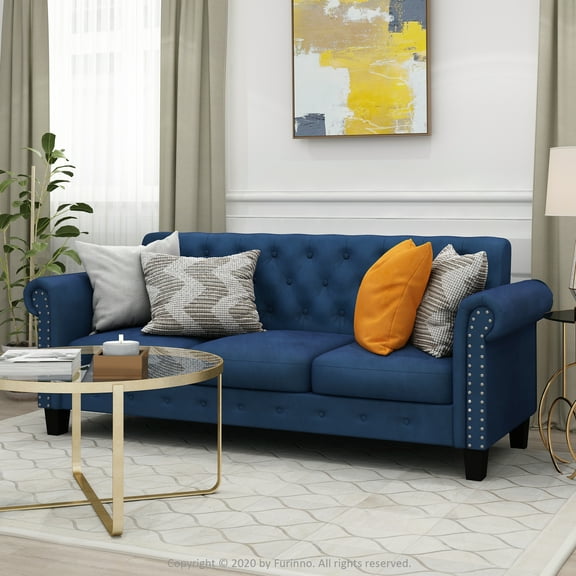 Furinno Bastia Vintage Button Tufted 3-Seater Sofa, Navy Velvet