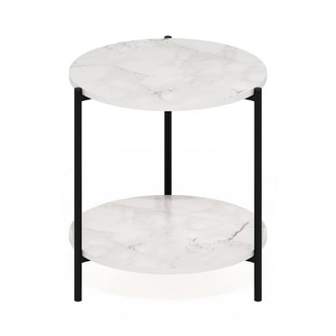 Furinno Besi 2-Tier Modern Round Side End Table with Sturdy Metal Legs, Marble White