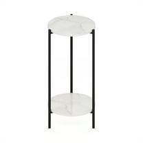 Furinno Besi 2-Tier Modern Tall Round Side End Table with Sturdy Metal Legs, Marble White