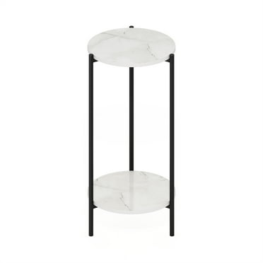 Furinno Besi 2-Tier Modern Tall Round Side End Table with Sturdy Metal Legs, Marble White