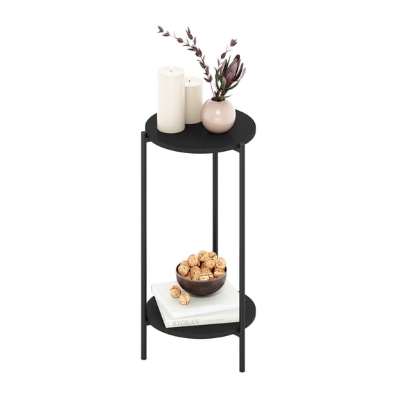 Furinno Besi 2-Tier Tall Round Side Table with Metal Legs, Metal Black End Table, Night Stand, Bedside Table with Open Shelf, for Living Room, Bedroom, Dark Americano