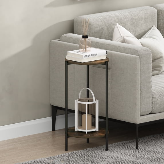 Furinno Besi 2-Tier Tall Round Side Table with Metal Legs, Metal Frame, Rustic Brown End Table, Night Stand, Bedside Table with Open Shelf, for Living Room, Bedroom, Amber Oak