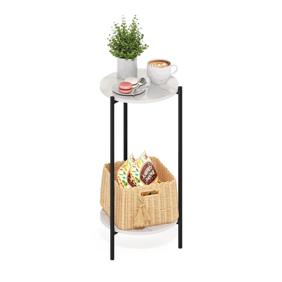Furinno Besi 2-Tier Tall Round Side Table with Metal Legs, Metal Frame, White End Table, Night Stand, Bedside Table with Open Shelf, for Living Room, Bedroom, Light Marble
