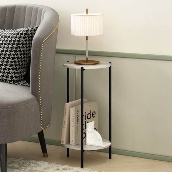 Furinno Besi 2-Tier Tall Round Side Table with Metal Legs, Metal Frame, White End Table, Night Stand, Bedside Table with Open Shelf, for Living Room, Bedroom, Light Marble