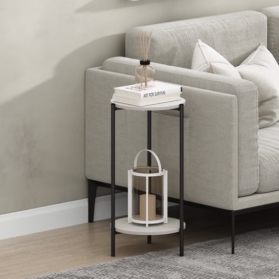 Furinno Besi 2-Tier Tall Round Side Table with Metal Legs, Metal Frame, White End Table, Night Stand, Bedside Table with Open Shelf, for Living Room, Bedroom, Plain White