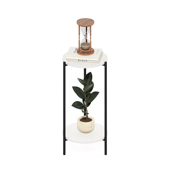 Furinno Besi 2-Tier Tall Round Side Table with Metal Legs, Metal Frame, White End Table, Night Stand, Bedside Table with Open Shelf, for Living Room, Bedroom, Plain White