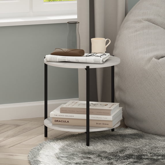 Furinno Besi 2-Tier Wide Round Side Table with Metal Legs, Metal Frame, White End Table, Night Stand, Bedside Table with Open Shelf, for Living Room, Bedroom, Light Marble