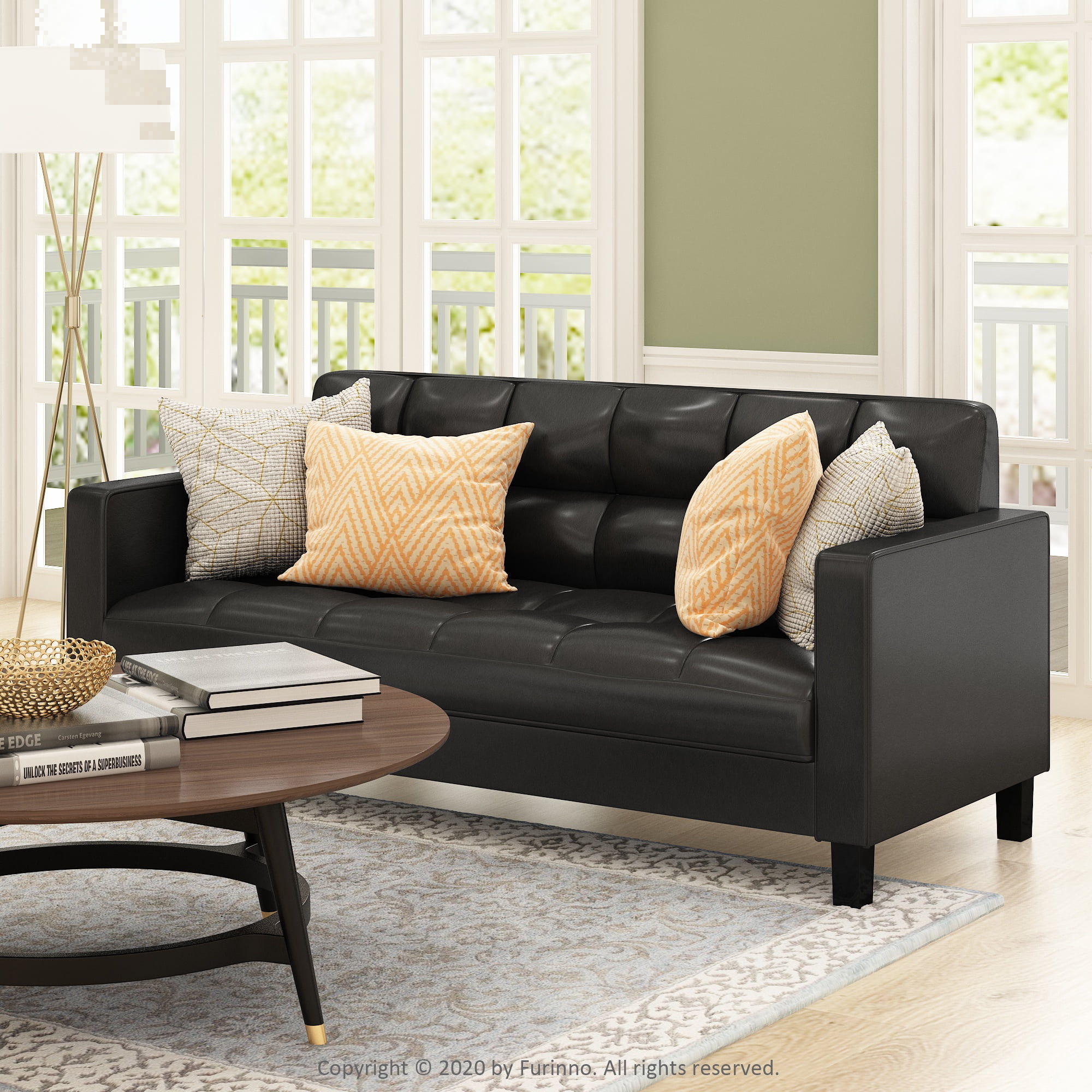 Brive Contemporary Tufted Black Faux Leather 3-Seater Sofa