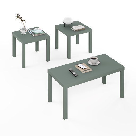 Furinno CLASSIC Living Room Table Set of 3, Modern Rectangle Coffee Table with 2 Side Tables, End Tables, 1.8 Inch Thick Tabletop for Living Room, Home Office, Sage Green