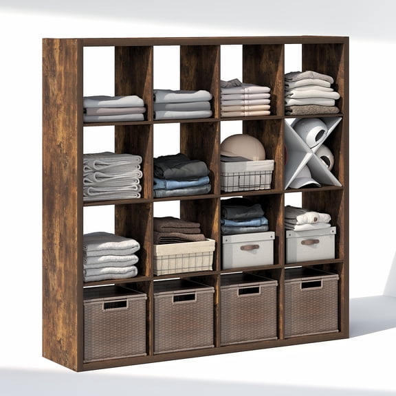 Furinno CUBIC 16-Cube Open Shelf Extra Thick Frame Amber Pine