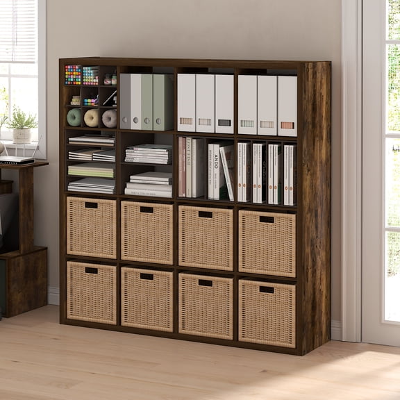 Furinno CUBICLE Book Shelf, 16-Cube Thick Frame Bookshelf, Reversible Bookcase with Open Back, 14.6 x 57.8 x 58, for Living Room, Bedroom, Home Office, Amber Pine