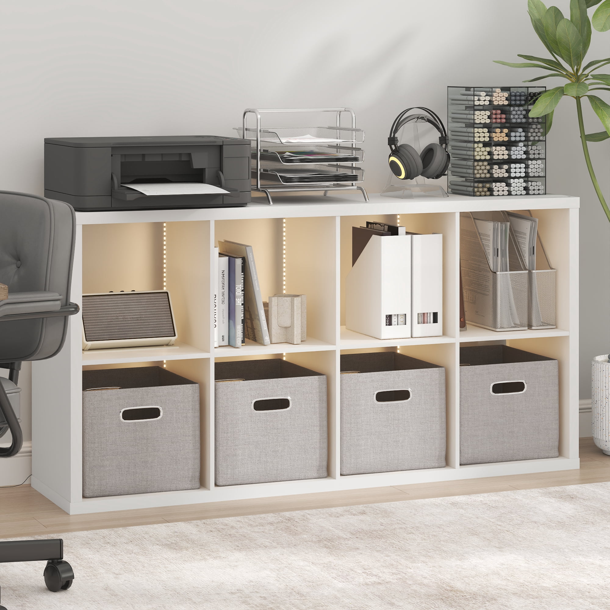 Furinno CUBICLE LED Lights 8-Cube Reversible Extra Thick Frame Bookcase ...