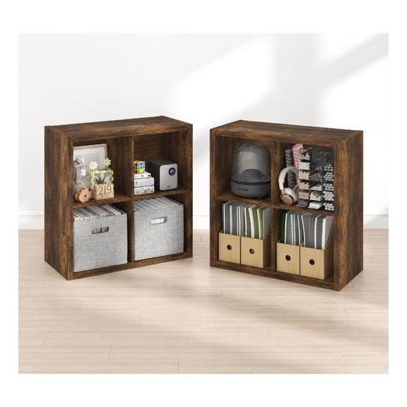 Furinno CUBICLE Set of 2. 4-Cube Thick Frame Reversible Bookcase. Amber Pine