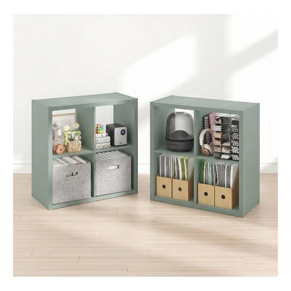 Furinno CUBICLE Set of 2. 4-Cube Thick Frame Reversible Bookcase. Sage Green