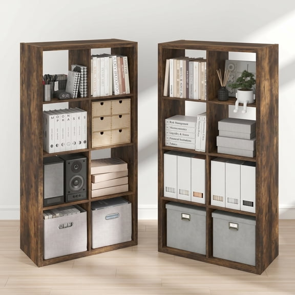 Furinno CUBICLE Set of 2. 8-Cube Thick Frame Reversible Bookcase. Amber Pine