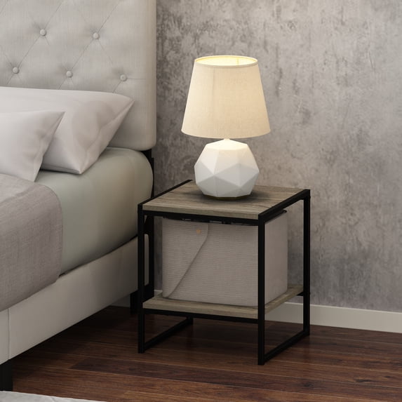 Furinno Camnus Side Table, 2-Tier Grey End Table with Metal Frame, Square Night Stand with Open Shelf, Bedside Table, Easy Assembly, for Living Room, Bedroom, Grey Oak