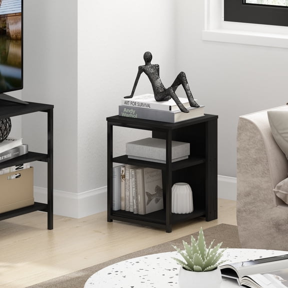 Furinno Camnus Side Table, 3-Tier Black End Table with Metal Frame, Square Night Stand with Open Shelf, Bedside Table, Easy Assembly, for Living Room, Bedroom, Dark Americano