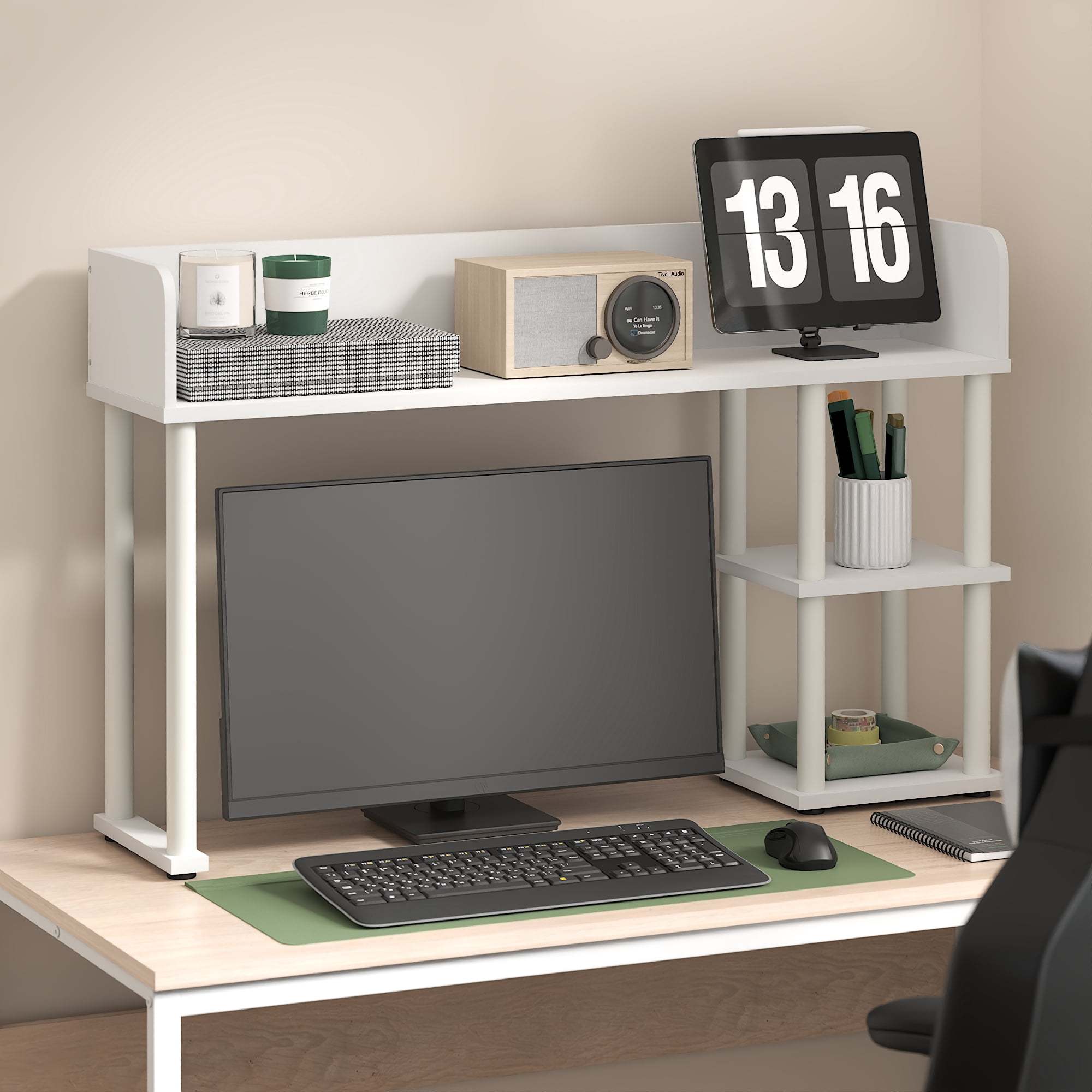 Furinno Classic Desktop Bookshelf Storage Hutch in Desk Organizer White/White
