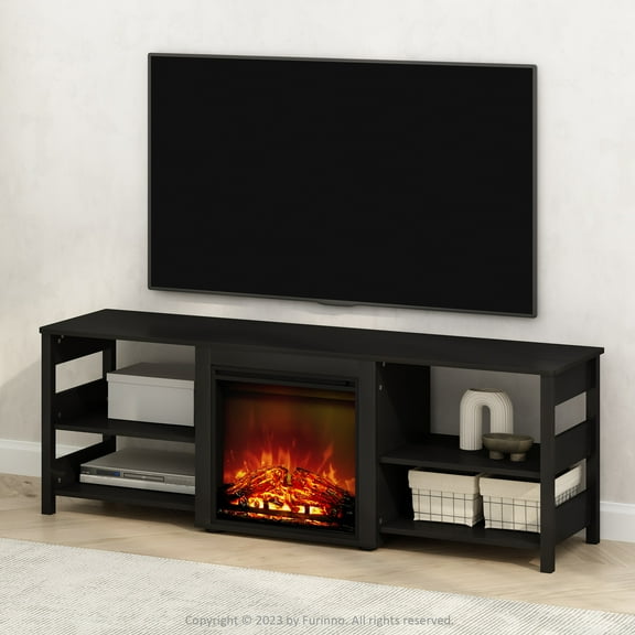 Furinno Classic No Heat Decorative Electric Fireplace TV Stand, Entertainment Center for TV up to 70 Inch with Open Shelves, Americano