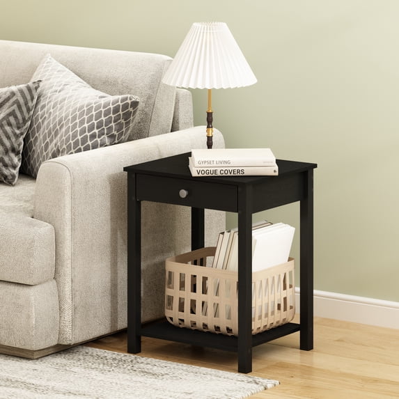 Furinno Classic Side Table, 2-Tier Modern End Table with Small Drawer and Open Shelf, Night Stand, Bedside Table, for Living Room, Bedroom, Dark Americano