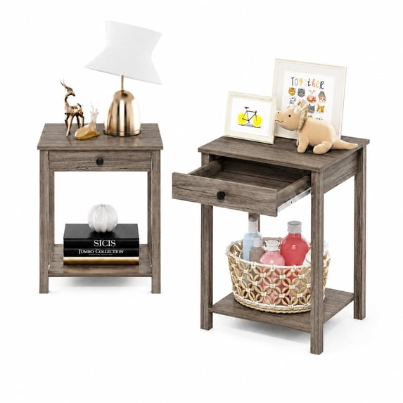 Furinno Classic Side Table Set of 2, 2-Tier Modern End Table with Small Drawer and Open Shelf, Night Stand, Bedside Table, for Living Room, Bedroom, Rustic Oak