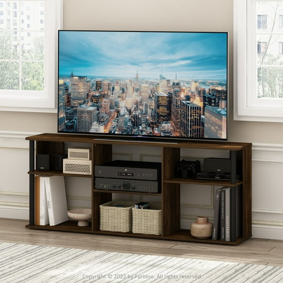 Furinno Classic TV Stand with Plastic Poles for TV up to Amber Pine/Black