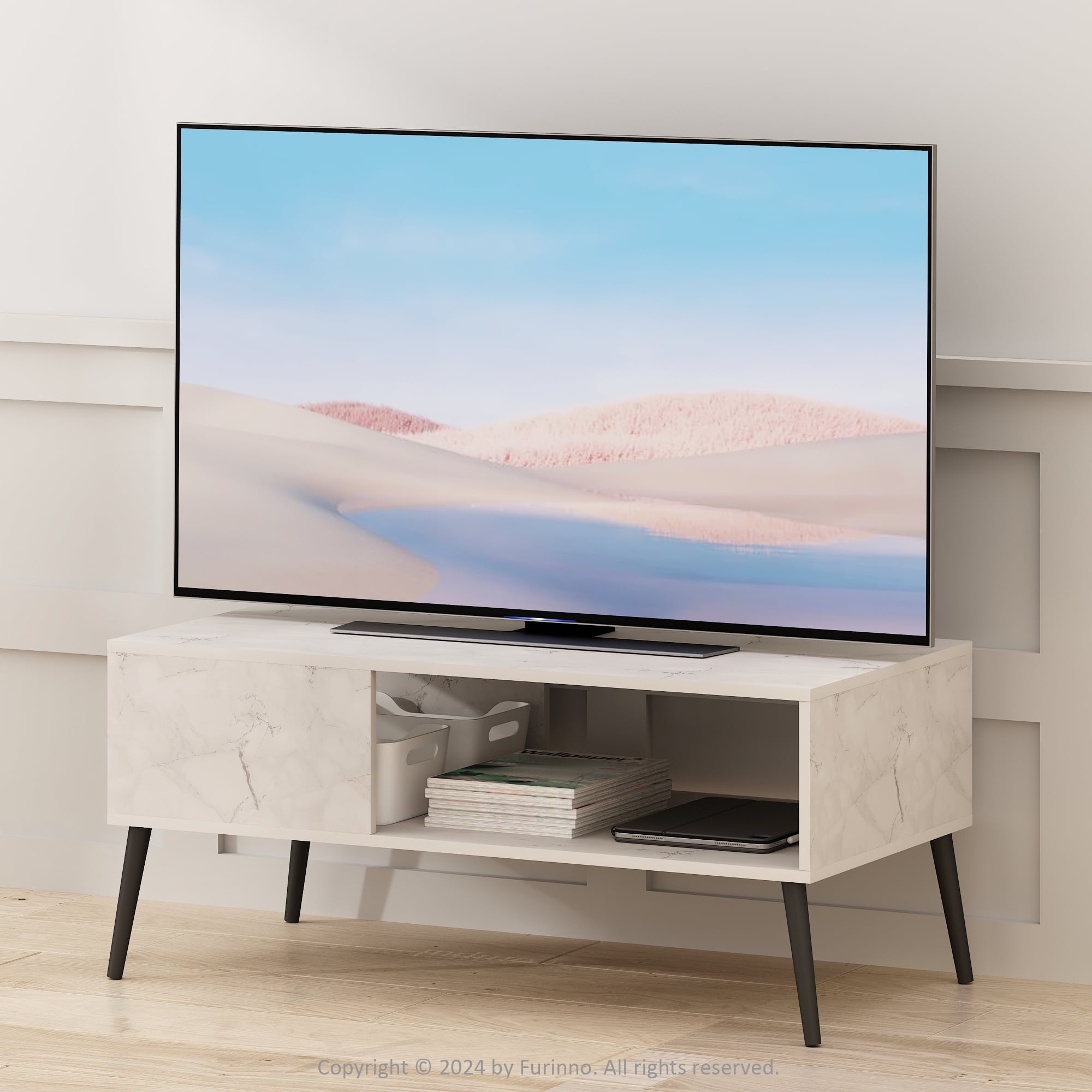 Furinno Claude Mid Century Style TV Stand for TV up to 40 with Wood Legs, Marble White