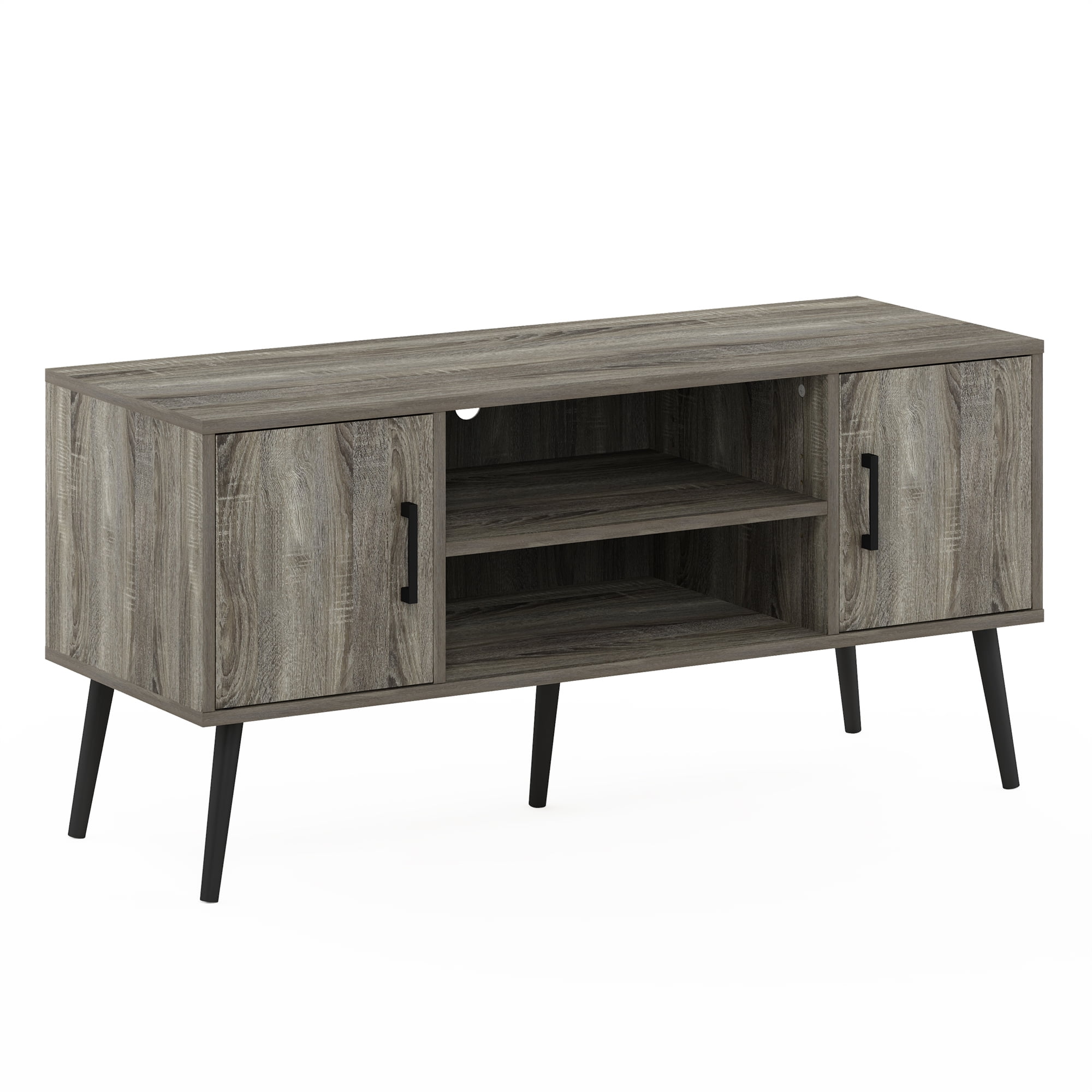 Furinno Claude Mid Century Style TV Stand with Wood Legs Two Cabinets French Oak Grey