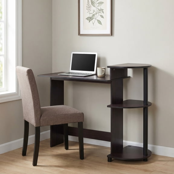 Furinno Compact 29-Inch Brown Computer Desk, Office Desk with 3 Side Shelves, Rectangular Home Office Desk, Gaming Desk for Home Office, Bedroom, Study Room, Dark Mocha