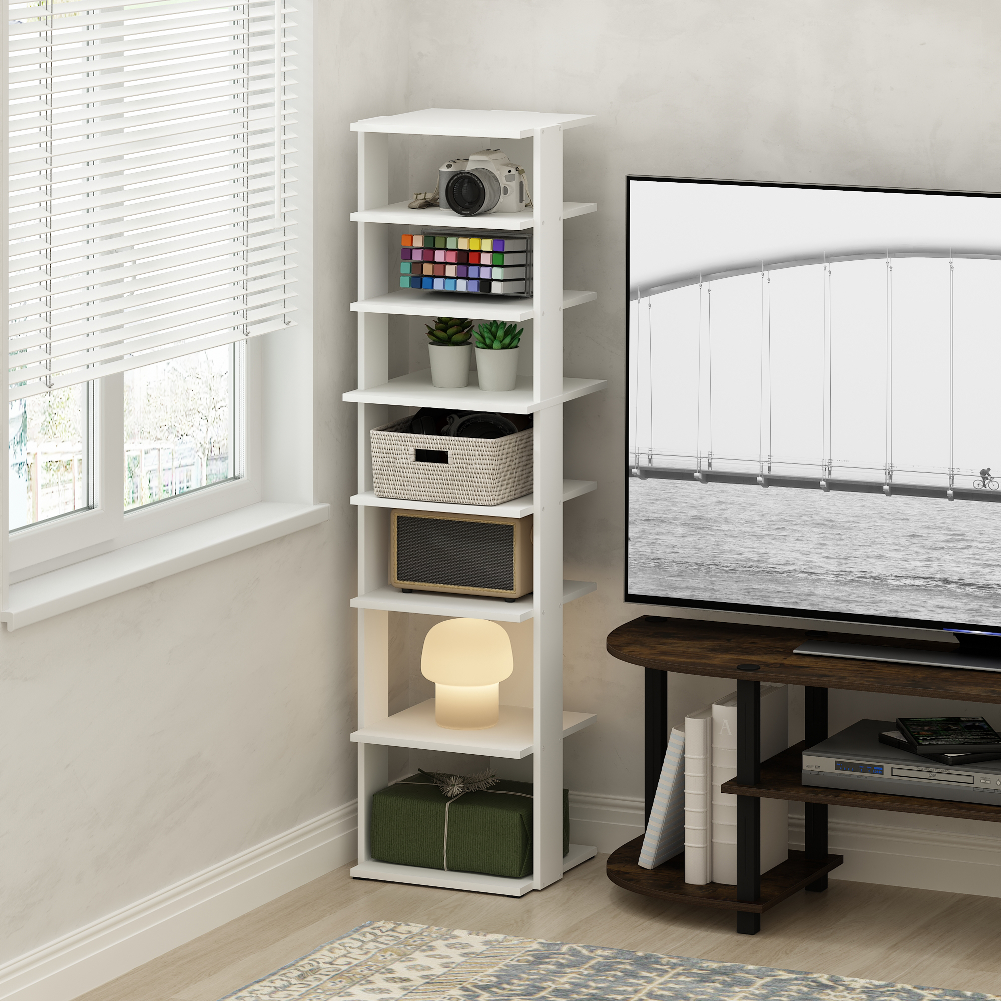 Furinno Compact 8-Tier Vertical Space Saving Free Standing Corner Shelf, Display Rack, White